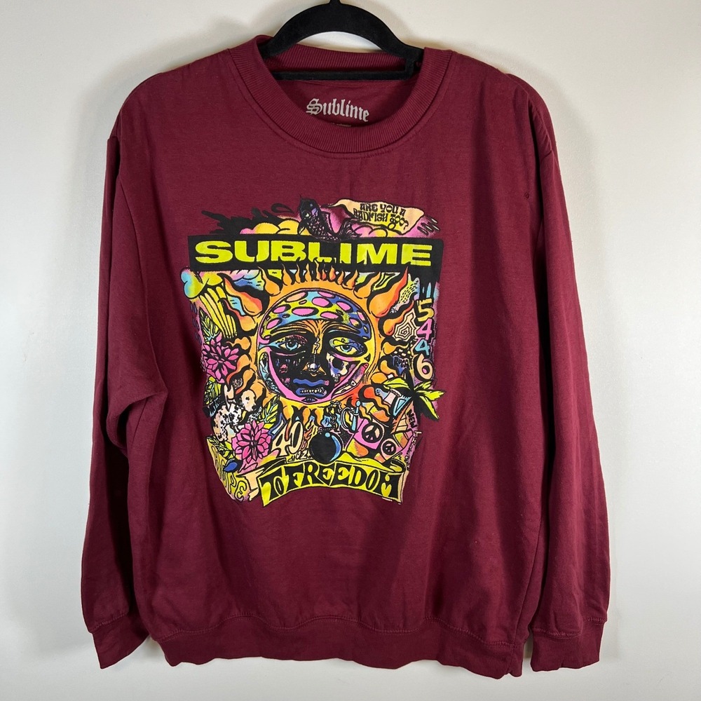 Sublime Sun Face Graphic‎ Crewneck Sweatshirt Burgundy 1X band comfy colorful